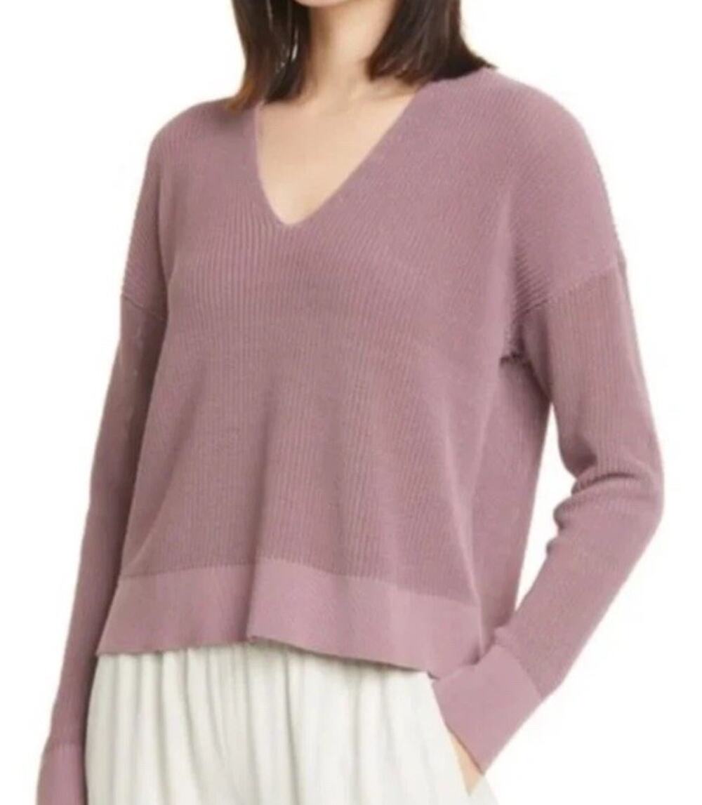 Eileen Fisher Women's Boxy V-Neck Sweater Open Knit Mauve Purple Sz S